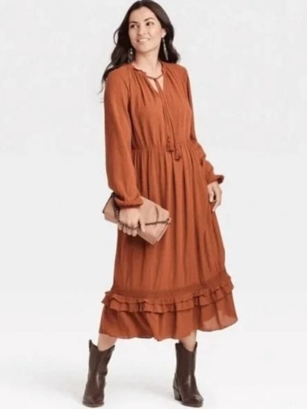 Knox Rose Rust Tiered Long-Sleeve Midi Dress